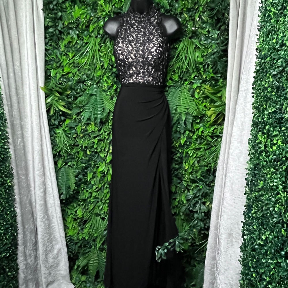 XSCAPE Dress Size 2 Black Lace Halter Side Slit Open Back Evening Gown 3924